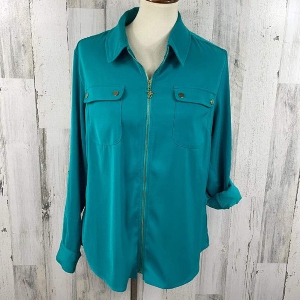 Susan Graver Women's Green Zip Up Long Sleeve Jacket Shirt Cardigan Sz 10